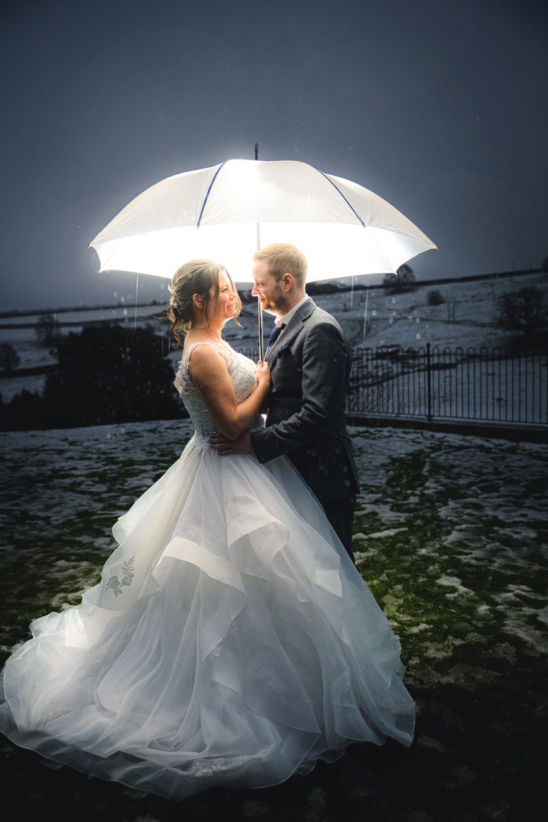 Bride &amp; Groom snow wedding photography at Kingscote Barn