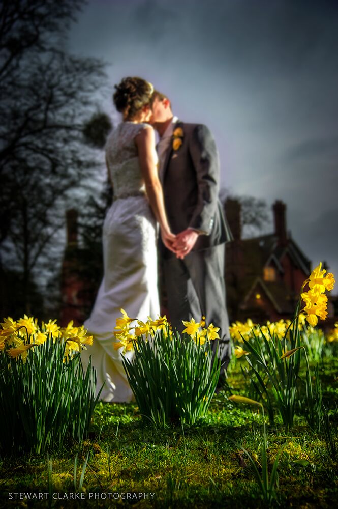 Wedding Photographer Bristol, bride and groom daffodils at Berwick Lodge