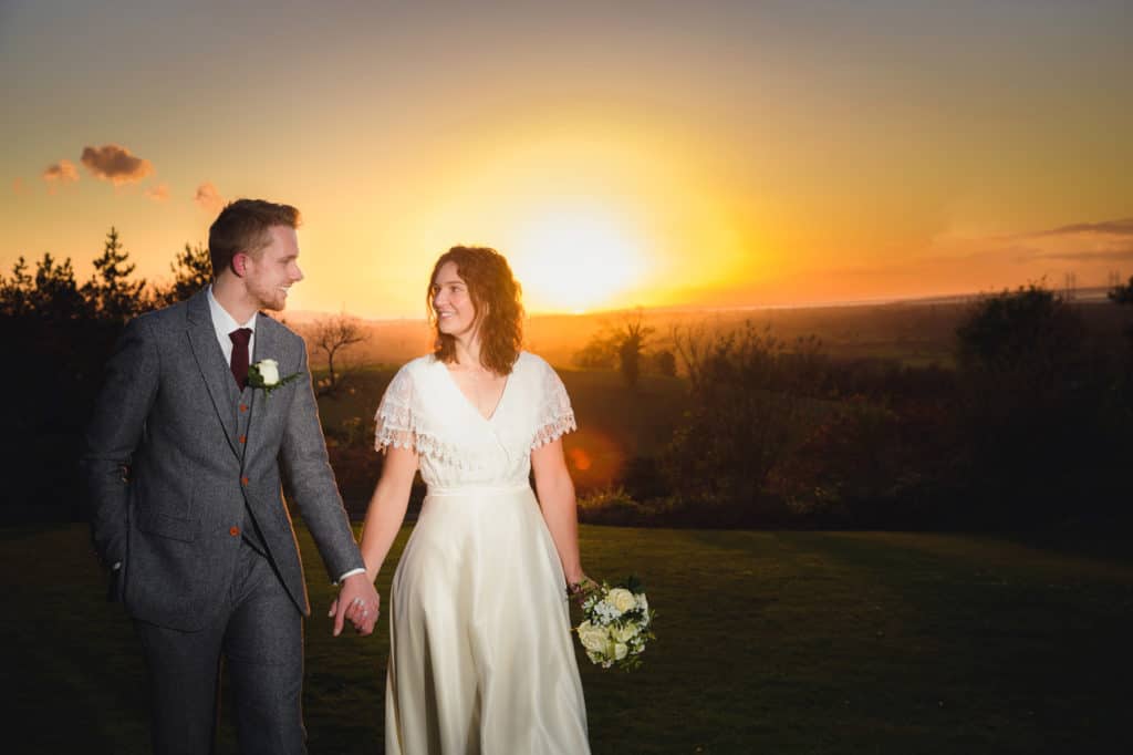 Bride &amp; Groom sunset wedding photography at Old Down Manor